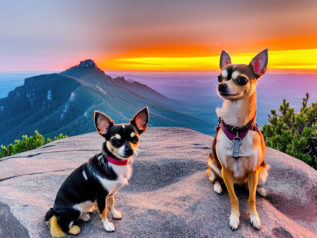 Chihuahua sitting atop a mountain peak gazing into the distance with a majestic sunset painting the sky behind it
