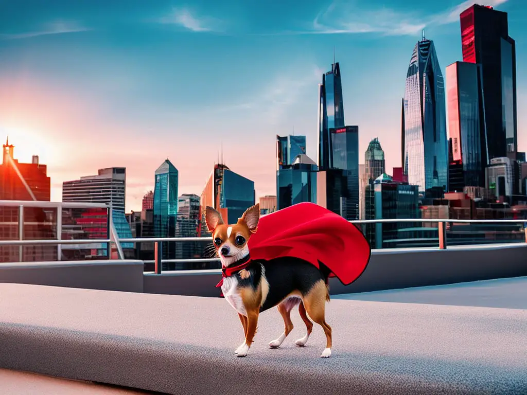 Chihuahua wearing a superhero cape striking a heroic pose on a city rooftop against a dramatic skyline