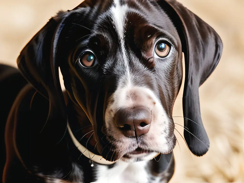 Close up of a German Shorthaired Pointer puppys face