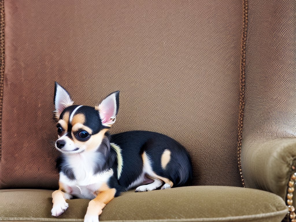 Contented Chihuahua lounging on a luxurious velvet armchair surrounded by elegant antique furniture