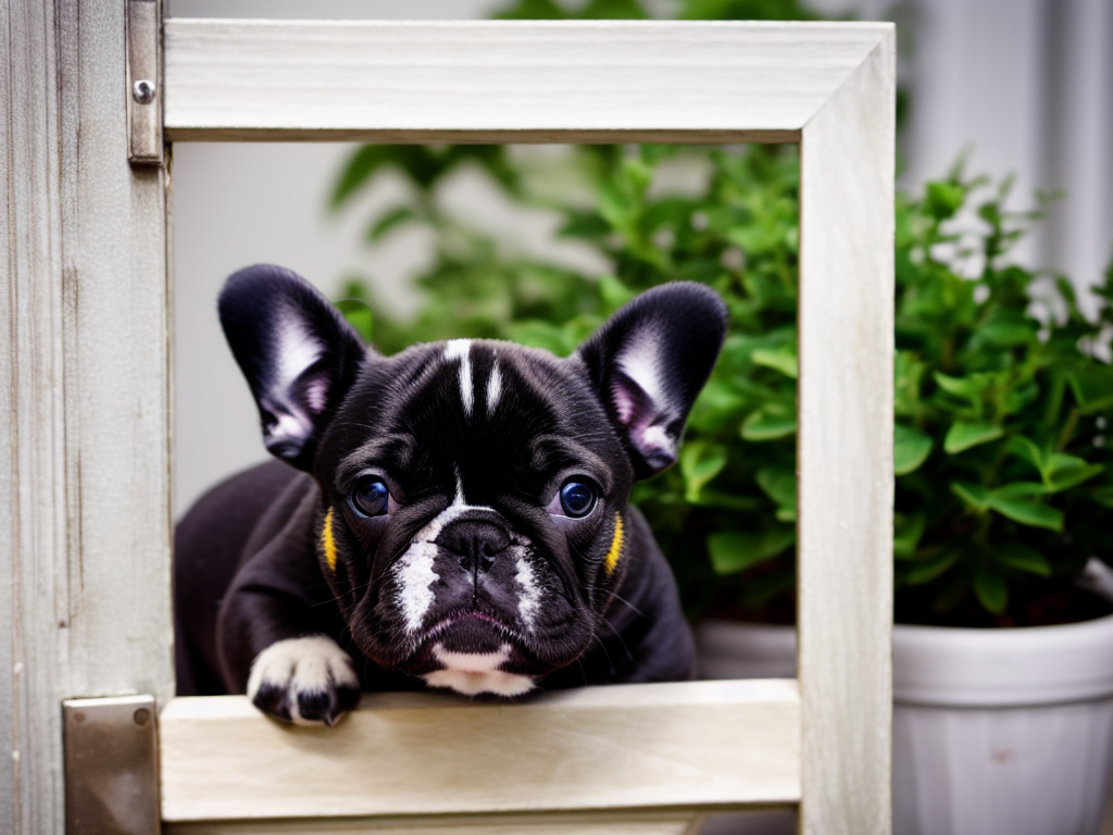 French bulldog puppy looking out from behind a door