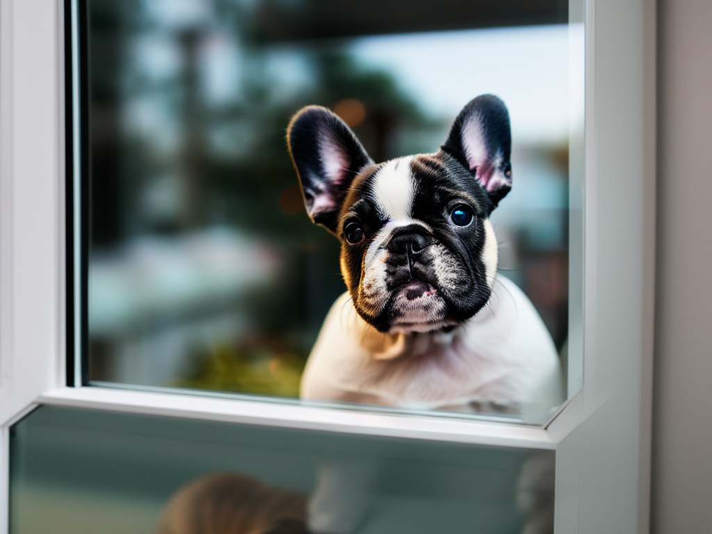 French bulldog puppy looking out of a window