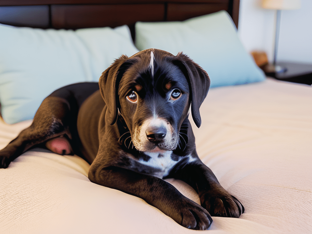 GSP puppy laying on the bed