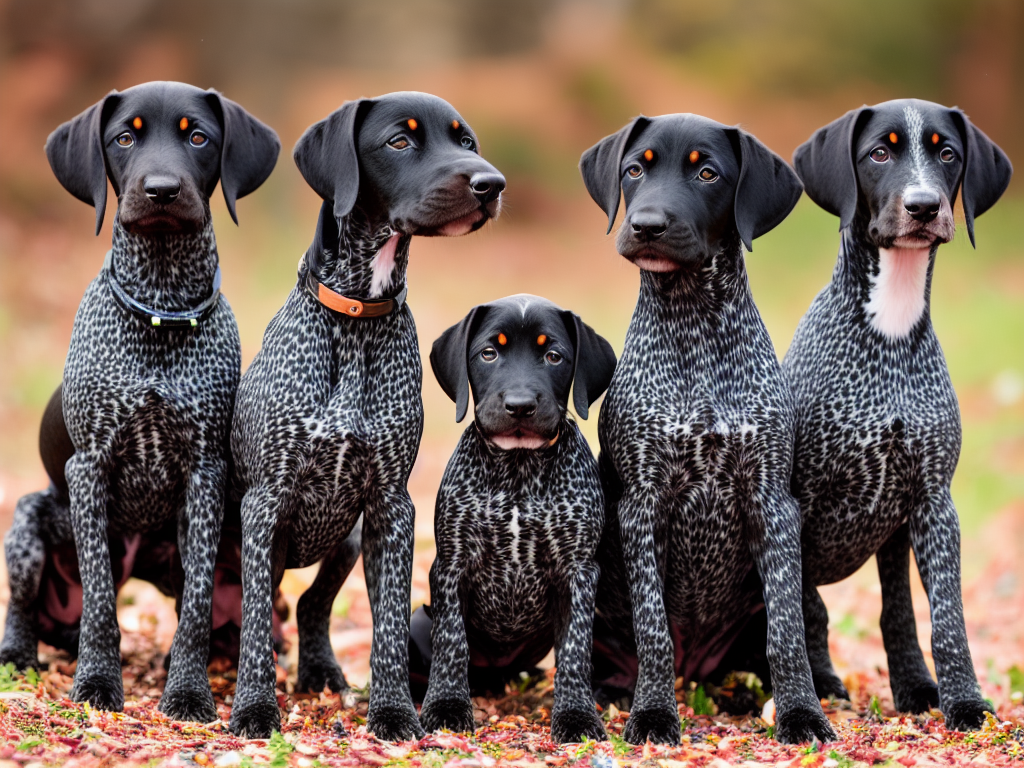 German Shorthaired Pointer puppies in various stages of their development each displaying a unique transformation in their coat colors