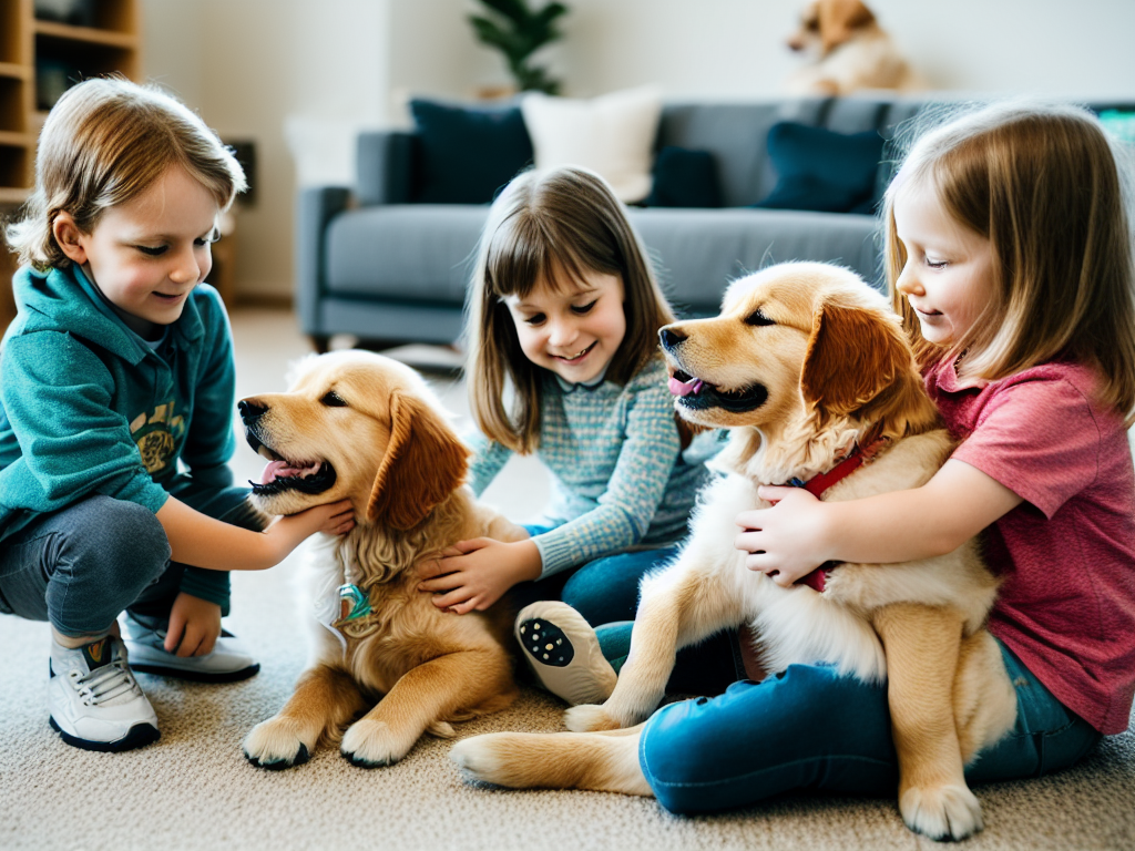 Golden retrievers gently playing with children