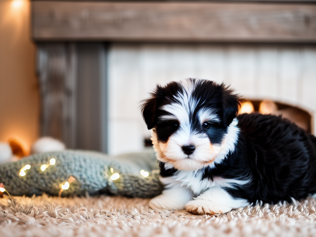 Havanese puppy lying on a cozy rug in front of a crackling fireplace with a plush toy by its side