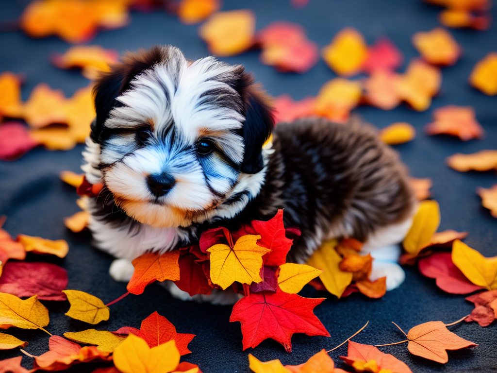 Havanese puppy nestled in a pile of autumn leaves with its paws covered in colorful foliage