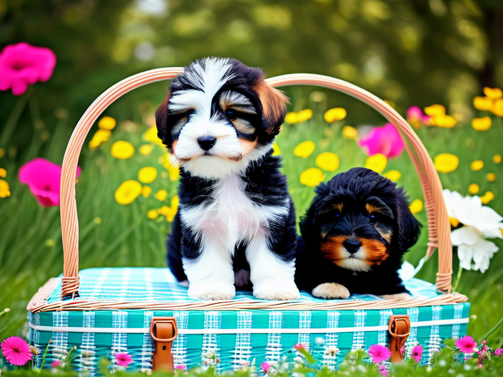Havanese puppy peeking out from a flower filled picnic basket on a checkered blanket in a park