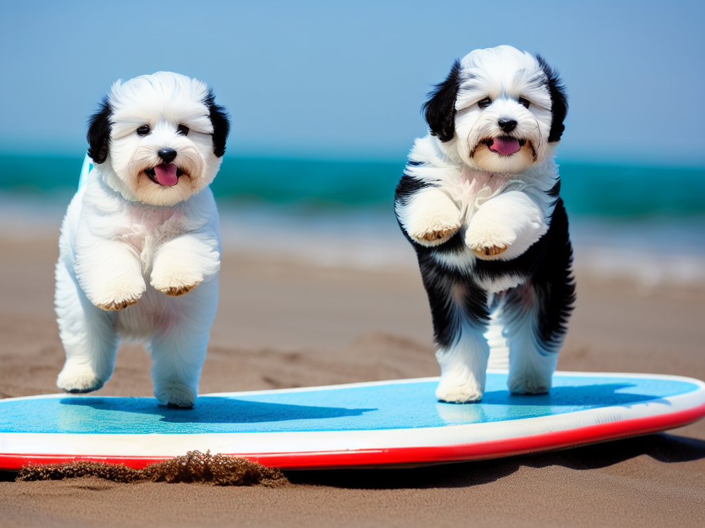 Havanese puppy standing on a surfboard riding a wave at the beach with a look of pure joy