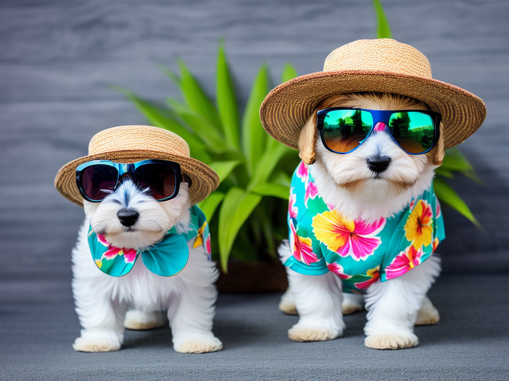 Havanese puppy wearing a Hawaiian shirt sunglasses and a straw hat ready for a tropical vacation