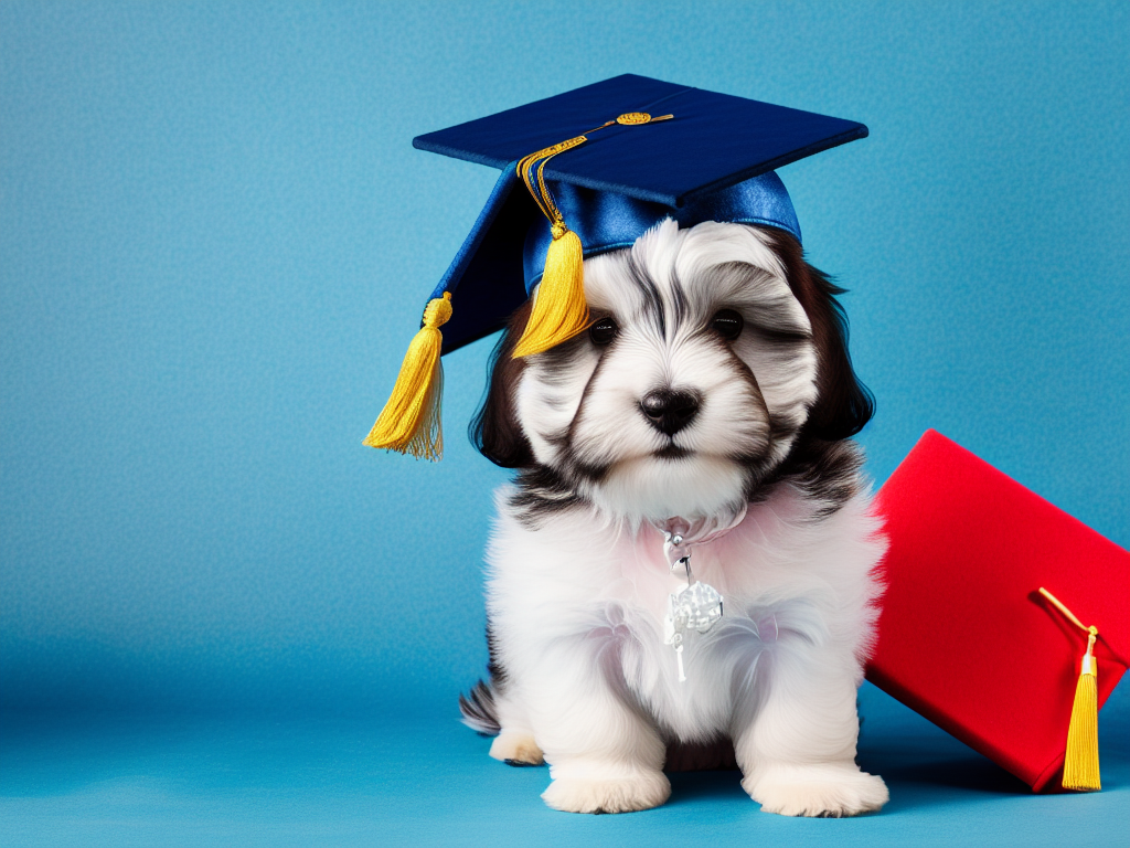 Havanese puppy wearing a graduation cap and holding a diploma celebrating its academic achievement