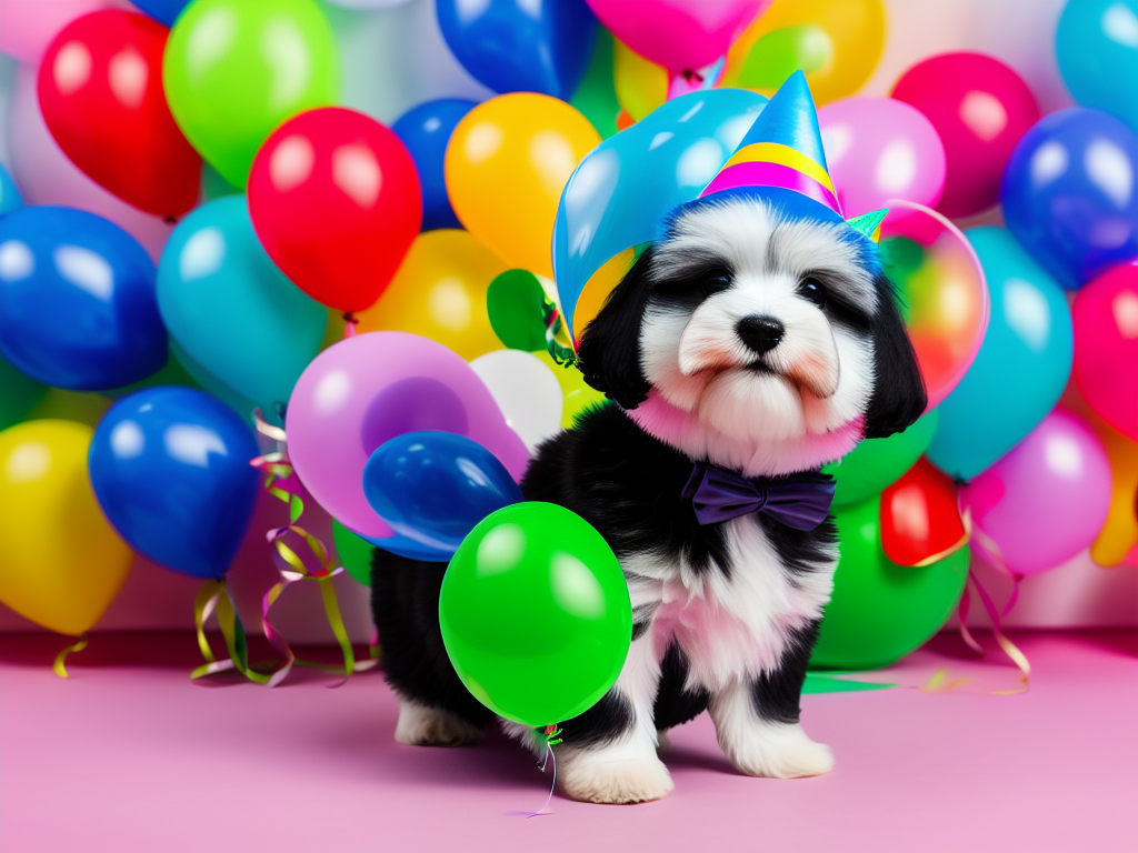 Havanese puppy wearing a party hat surrounded by colorful balloons celebrating its first birthday