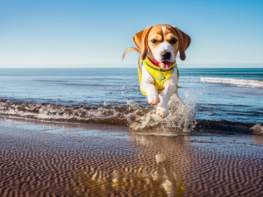 Lemon Beagle Running at the Beach