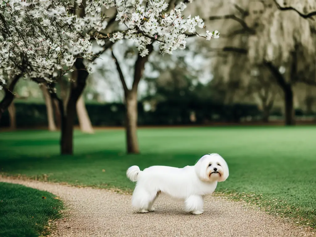 Maltese dog on a walk in a park