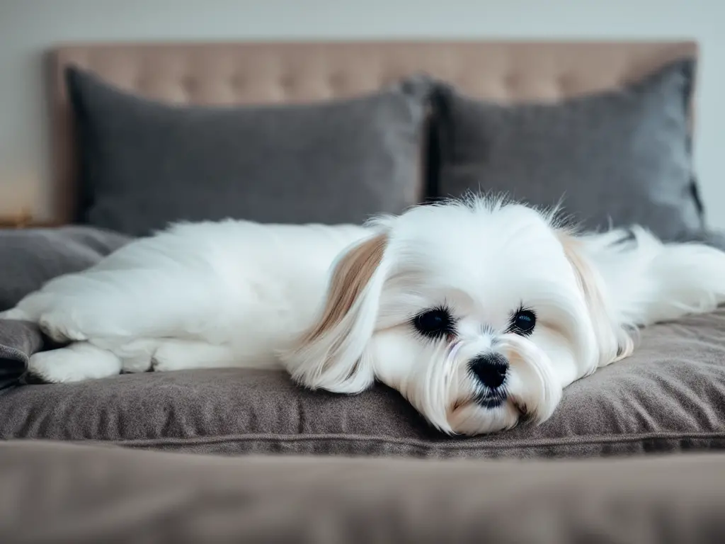 Maltese dog peacefully snoozing in a comfy bed