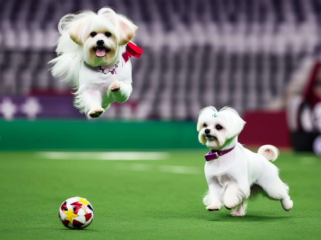Maltese dog skillfully performing a trick