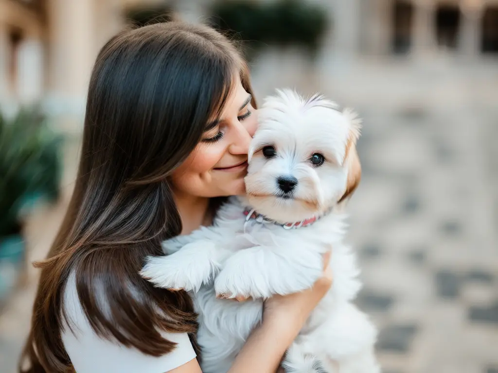 Maltese puppy cuddling