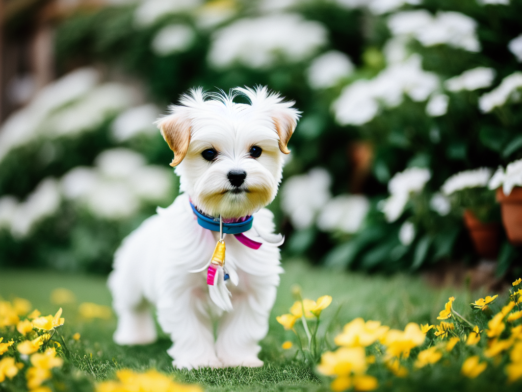 Maltese puppy curiously sniffing at a flower