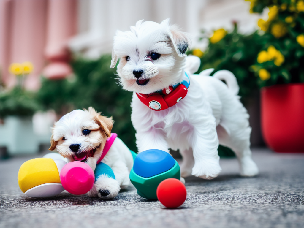 Maltese puppy joyfully playing with a soft toy