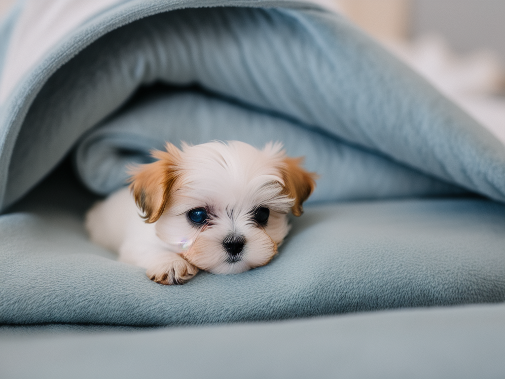 Maltese puppy nestled in a pile of soft blankets
