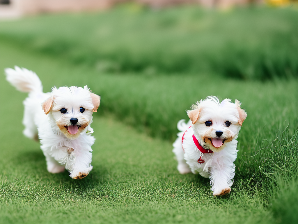 Maltese puppy taking its first steps in a grassy yard