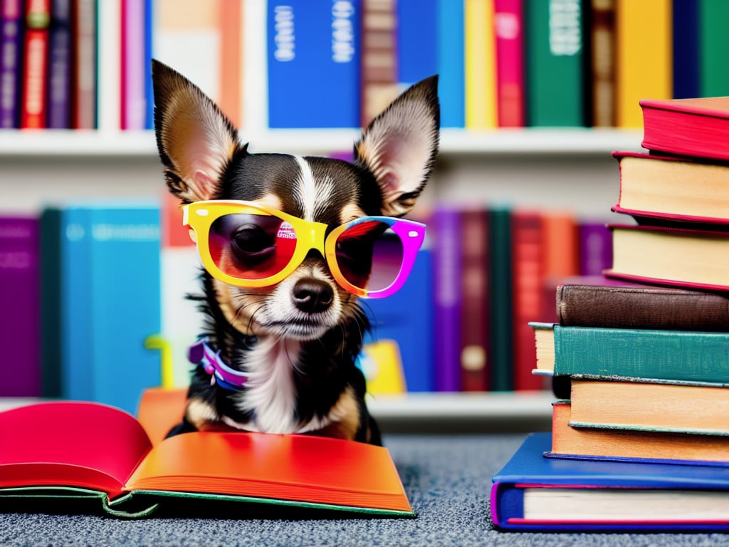 Mischievous Chihuahua wearing sunglasses peeking out from behind a stack of colorful books in a library