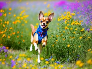 Playful Chihuahua running through a sun drenched field of wildflowers