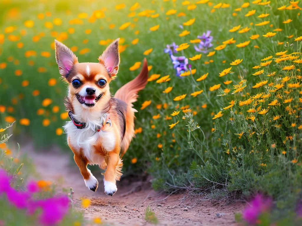 Playful Chihuahua running through a sun drenched field of wildflowers its ears flying in the breeze