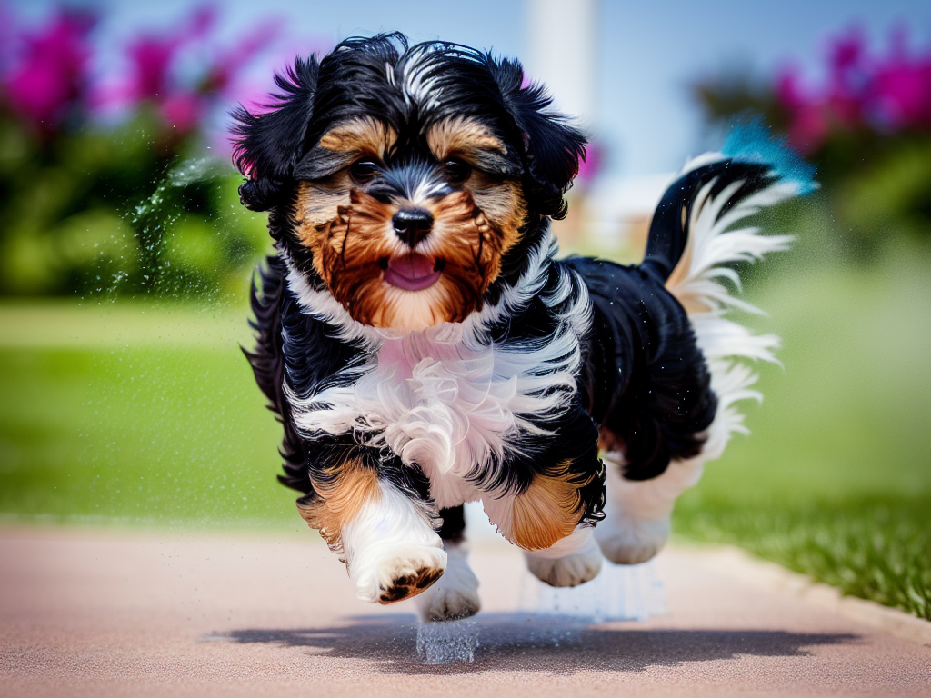 Playful Havanese puppy running through a sprinkler with its fur glistening under the summer sun