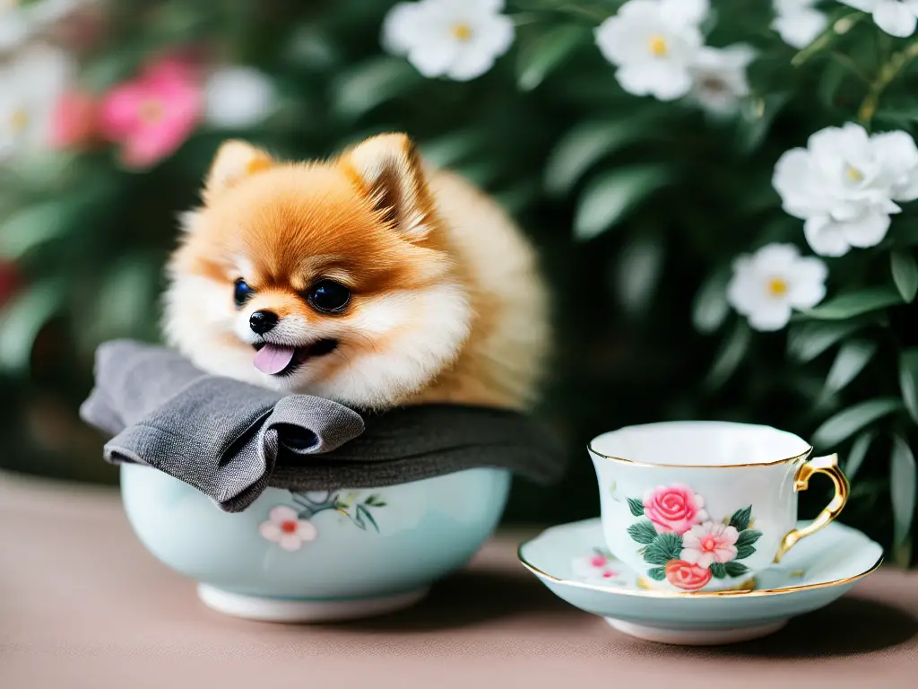 Pomeranian nestled in a teacup surrounded by dainty porcelain teaware in an elegant tea party setup