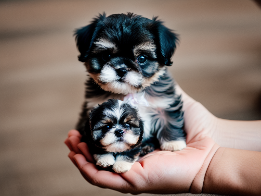 Shih Tzu puppy being held in a persons hand to show its small size