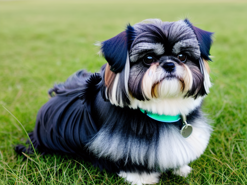 Shih Tzu with a long flowing coat and flat face sitting on a grass field