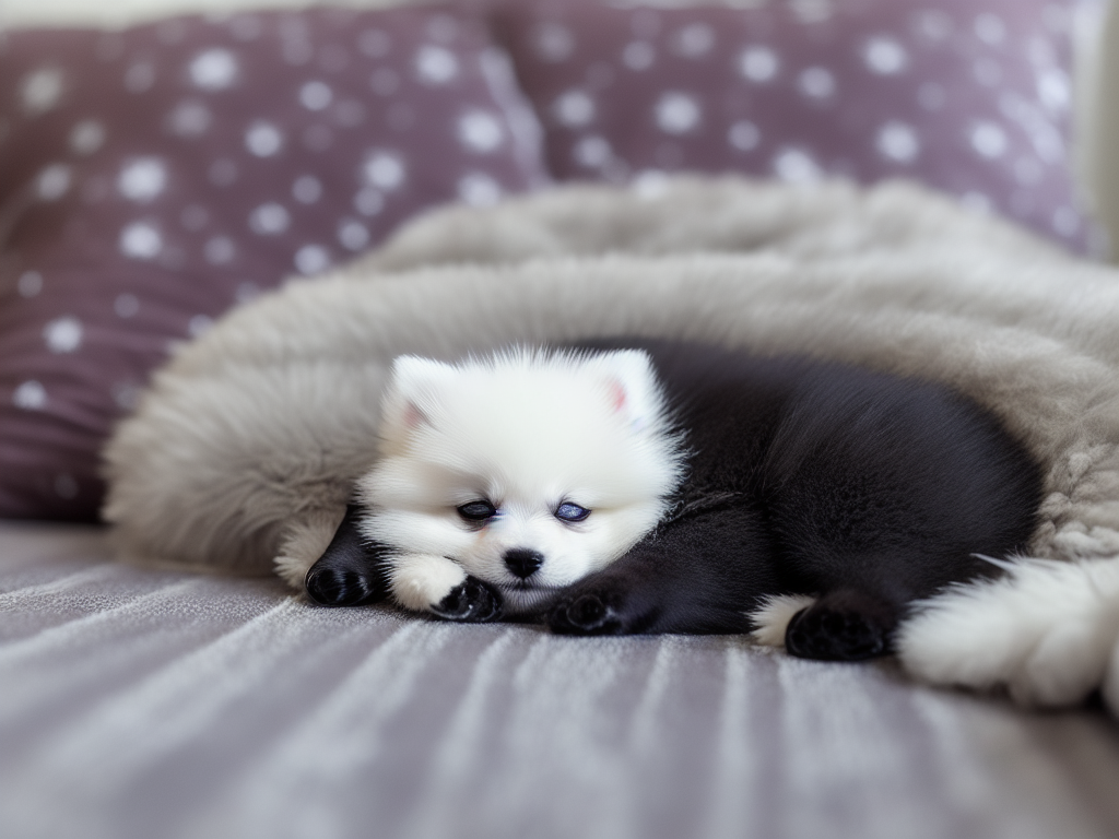 Snow White Pomeranian puppy sleeping on its bed