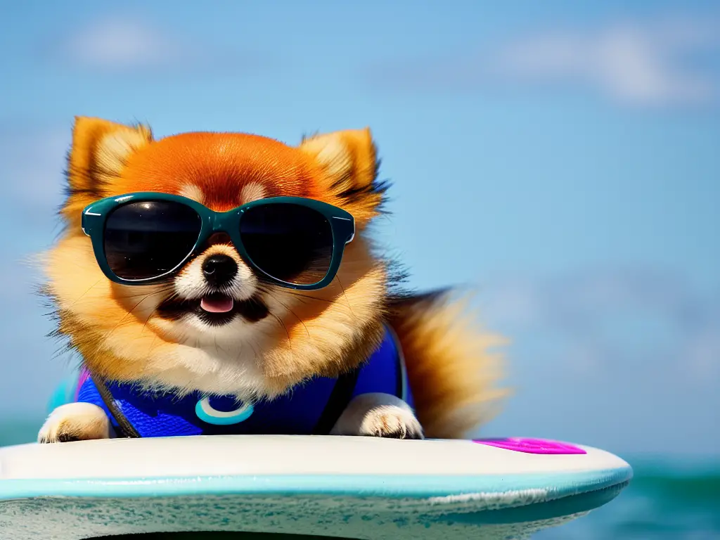 Teacup Pom wearing sunglasses sitting on a surfboard by the ocean capturing the spirit of a beach vacation