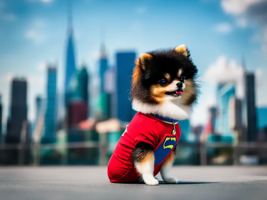 Teacup Pomeranian dressed as a superhero striking a pose with a cityscape backdrop behind it