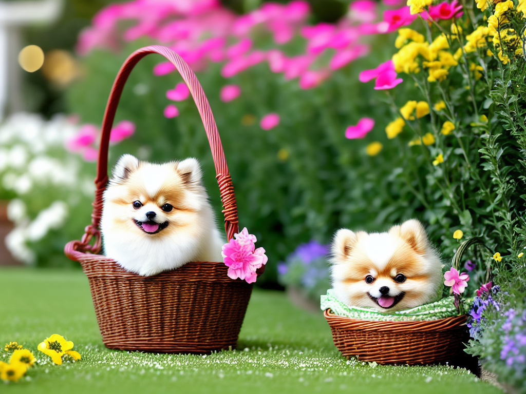 Teacup Pomeranian peeking out from a flower filled wicker basket evoking a sense of whimsy and joy in a garden setting