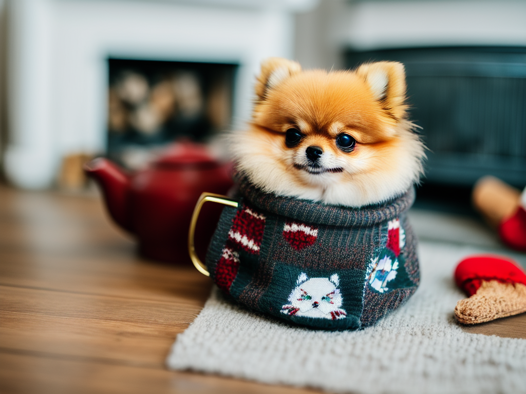 Teacup Pomeranian wearing a cozy sweater sitting next to a fireplace with a warm homely atmosphere