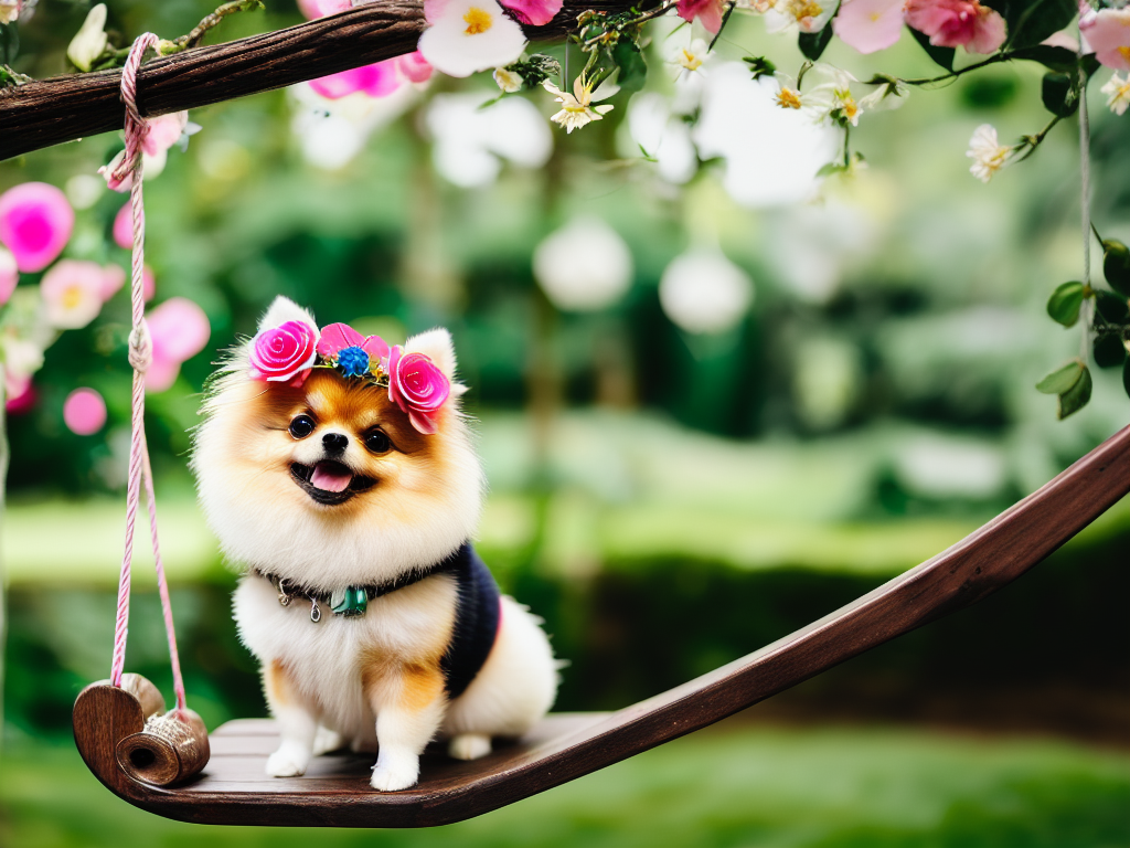 Teacup Pomeranian wearing a flower crown sitting on a wooden swing hanging from a tree branch in a blooming garden
