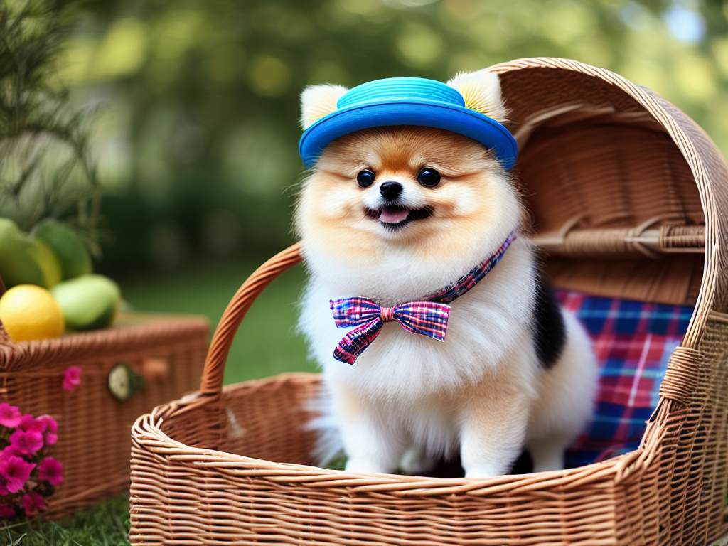 Teacup Pomeranian wearing a straw hat sitting in a picnic basket filled with fruits and sandwiches in a sunny park
