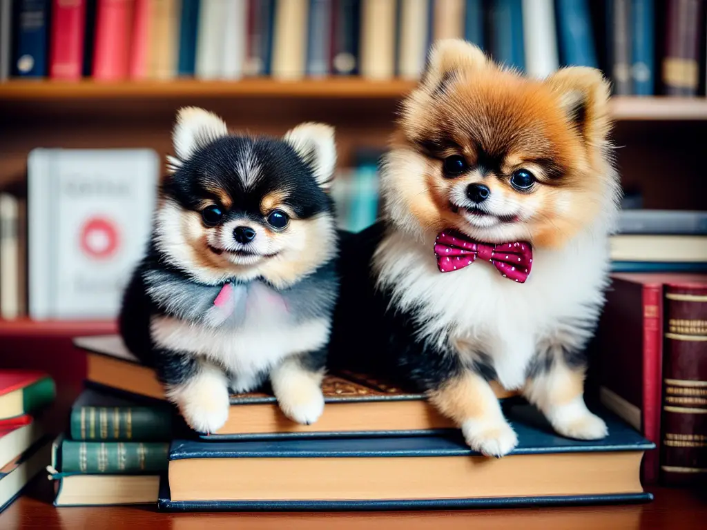 Teacup Pomeranian wearing a tiny bowtie sitting on a stack of vintage books in a cozy library setting