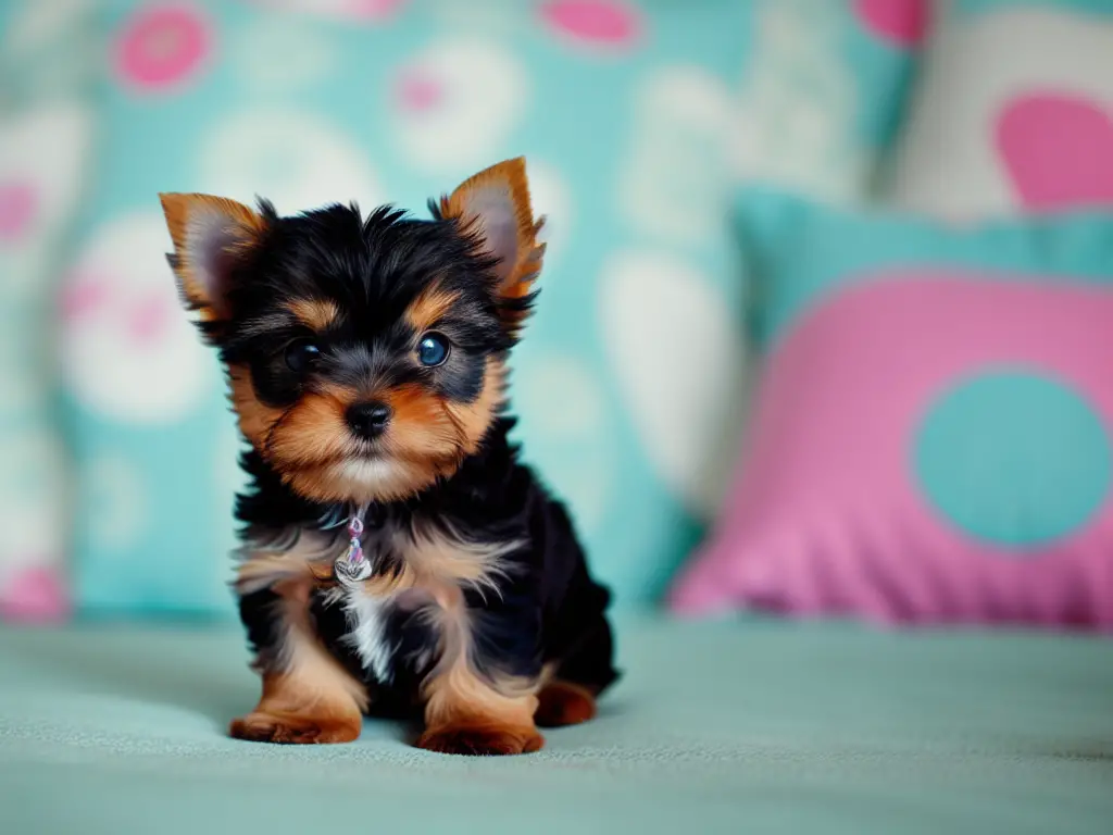 Teacup Yorkshire Terrier Puppy Sitting on the bed