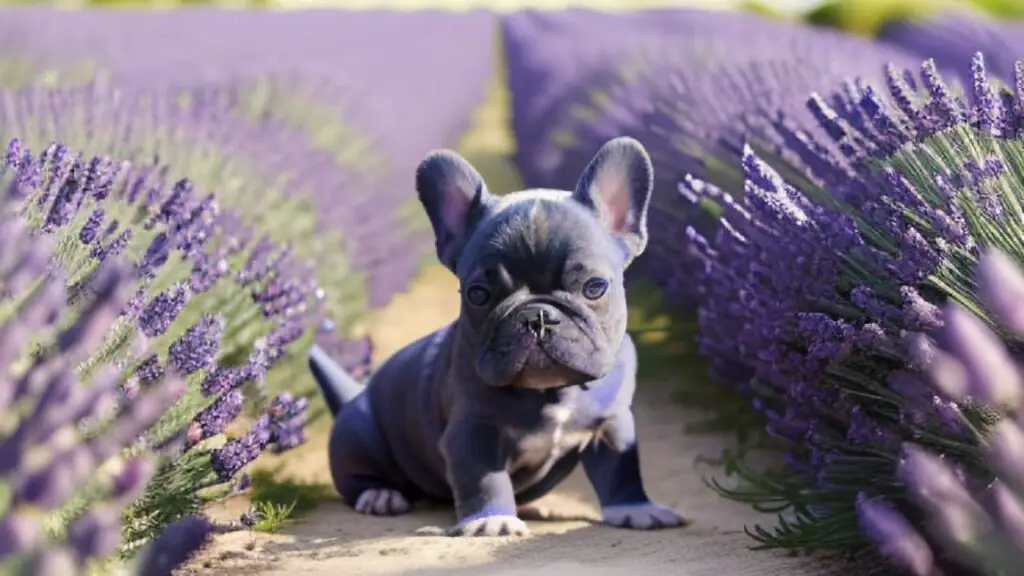 Tiny French Bulldog in a field of lavander