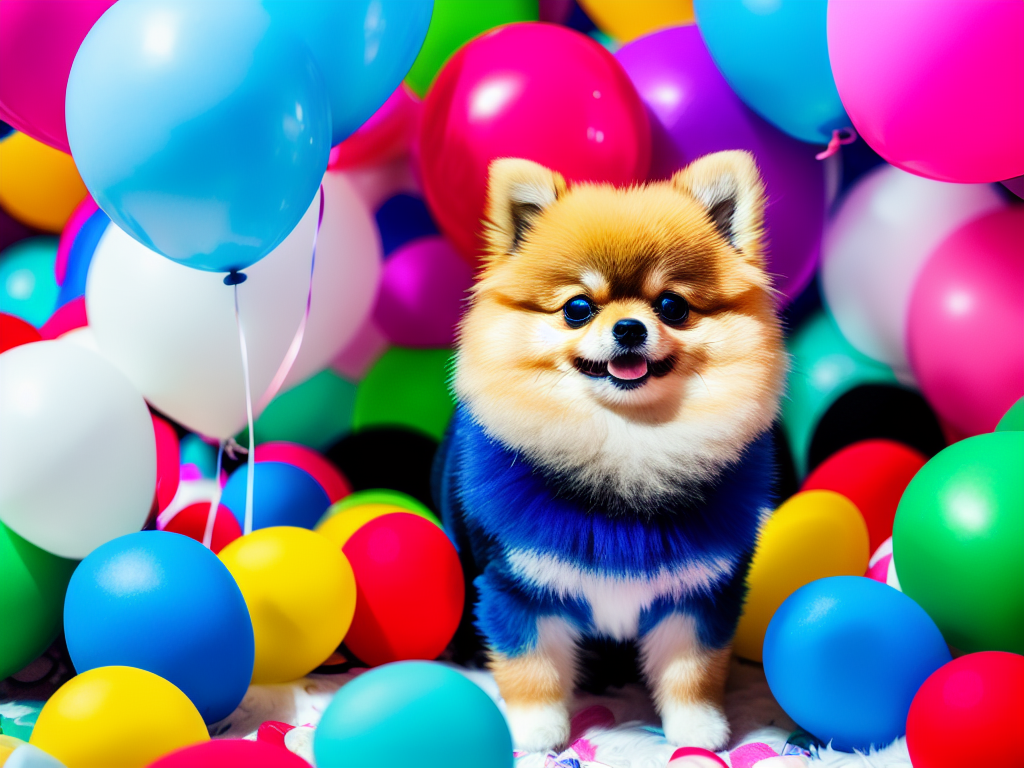 Tiny Pomeranian lying on a fluffy white rug surrounded by colorful balloons in a festive birthday party scene