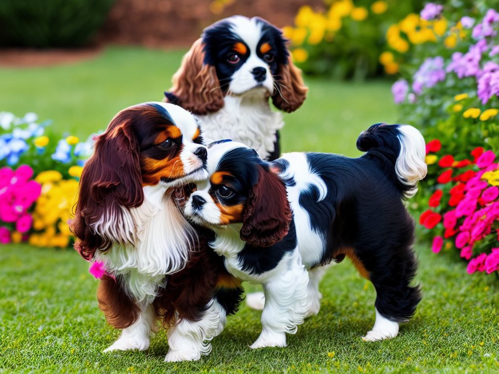 Tricolor King Charles Spaniel Cavalier Playing in the yard