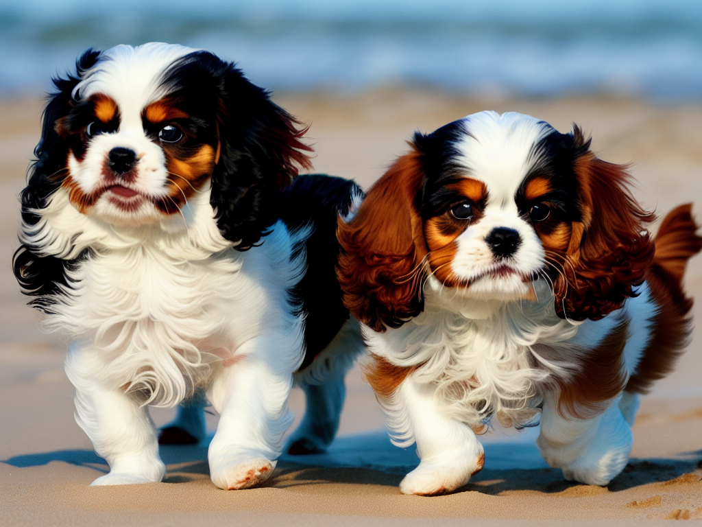 Tricolor King Charles Spaniel Cavalier Puppies Playing at the beach