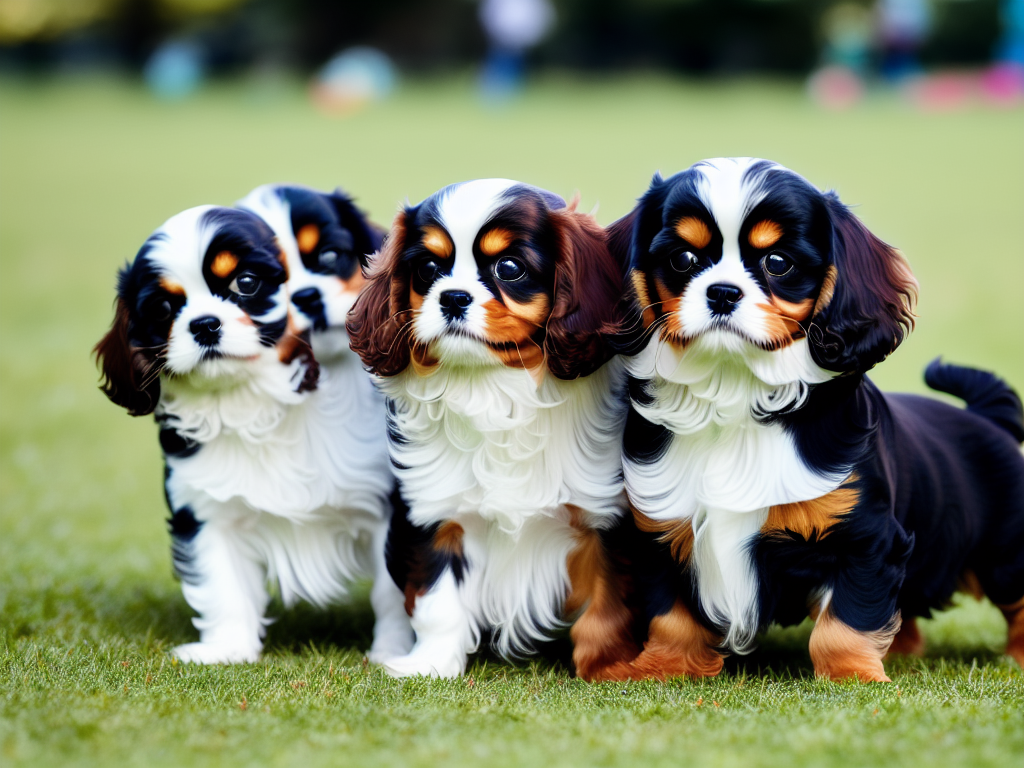 Tricolor King Charles Spaniel Cavalier Puppies Playing in the park