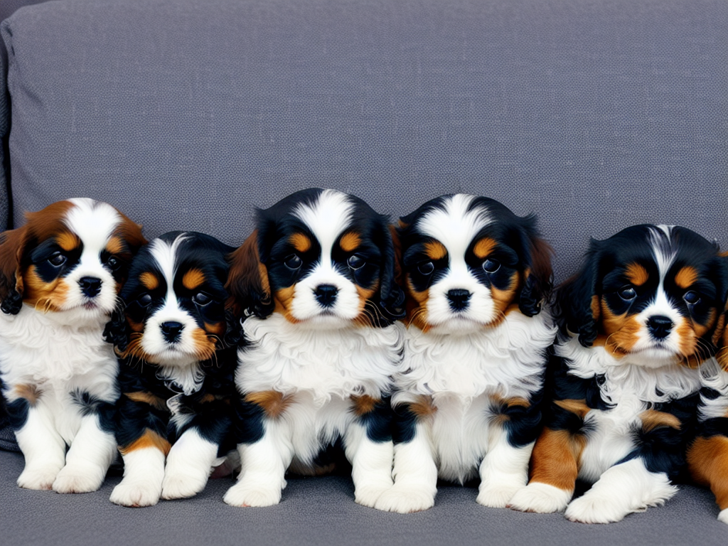 Tricolor King Charles Spaniel Cavalier Puppies sleeping on the couch