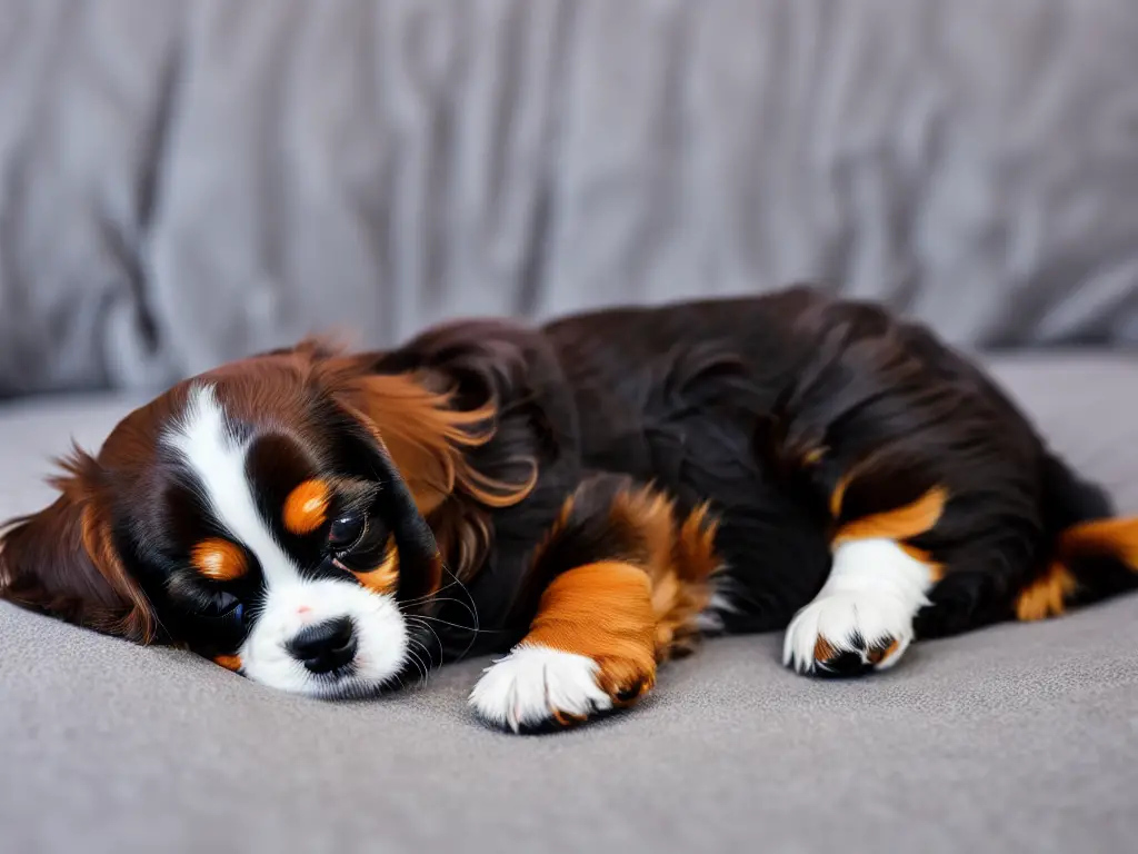 Tricolor King Charles Spaniel Cavalier Puppy Sleeping on the Bed