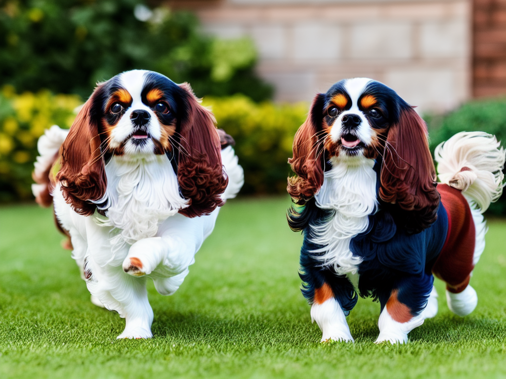 Tricolor King Charles Spaniel Cavalier in the yard