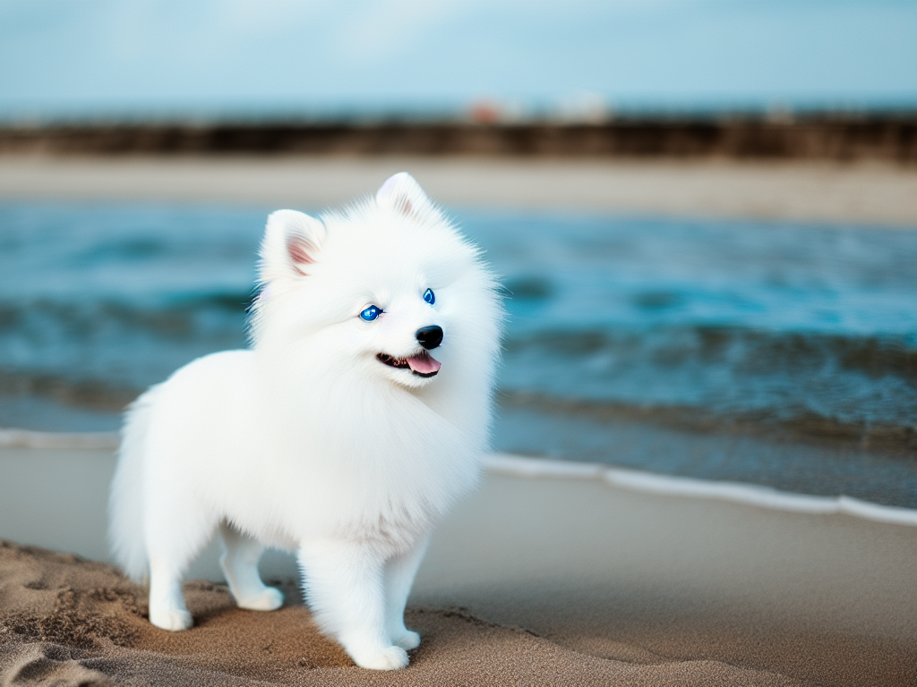White Pomeranian dog at the beach